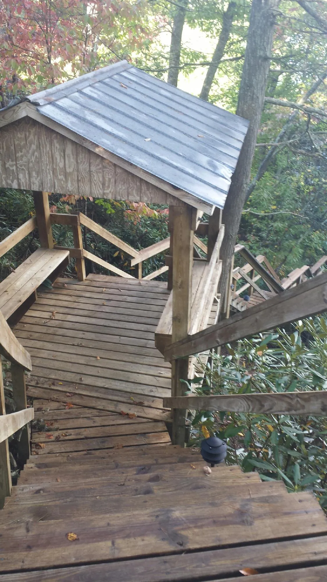 Metal roofed shelter over wooden steps on a wooded walkway — Skylight Repair & Installation work by our crew in Lowgap